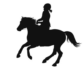 Silhouette of a young girl cantering on a big pony.