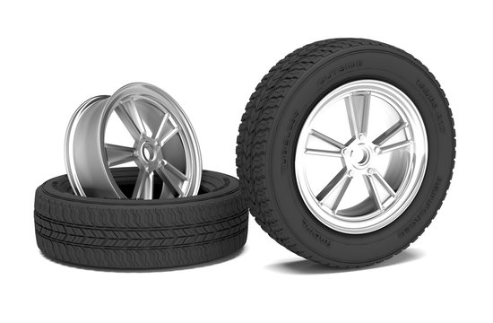 Car alloy wheel and tyre on white background. 3d render illustration