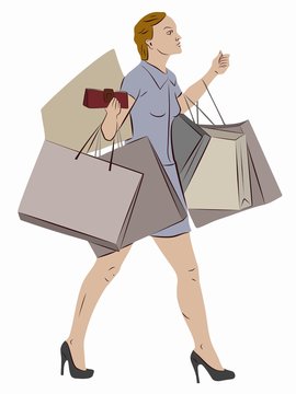 illustration of a shopping woman with a bags , vector draw