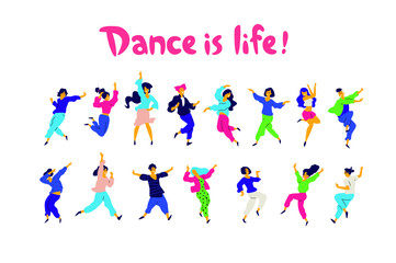 A group of dancing people in different poses and emotions. Vector. Illustrations of men and women. Flat style. A group of happy teenagers are dancing and having fun. Dance is life. Studio or dance sch