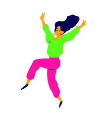 Fototapeta na wymiar Cheerful dancing girl. Vector. Illustration of a laughing young woman. Character for the dance studio. Flat style. Positive sexy female. Character in the disco. Enjoys life.