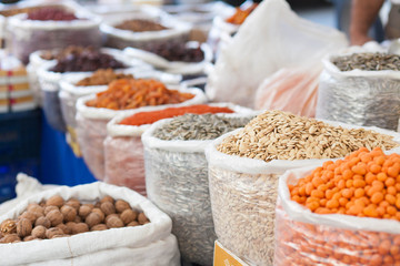 Asian market. Turkey, Istanbul, Spice Bazaar. Sale of nuts and seeds