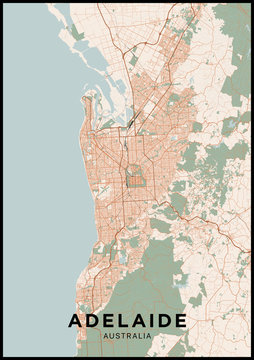 Adelaide (Australia) city map. Poster with map of Adelaide in color. Scheme of streets and roads of Adelaide.