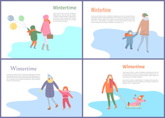 Wintertime pastime people having fun outdoors vector. Family mother and kid walking on ice, skating on rink, child sitting on sleds, winter holidays