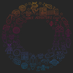 Vector set of space elements icons in doodle style. Painted, colorful, gradient pictures on a piece of paper on blackboard.