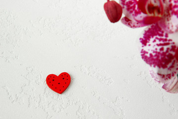  red heart and orchid flowers on a white textured background