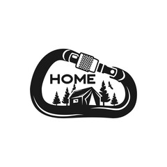 Camping Wildlife Badge. Mountain climbing and forest adventure emblem in monochrome retro style. Featuring tent, trees and eagle inside the carabiner. Stock vector hiking logo isolated on white