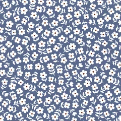 Velvet curtains Small flowers Seamless ditsy floral pattern in vector. Small white flowers on a blue background.