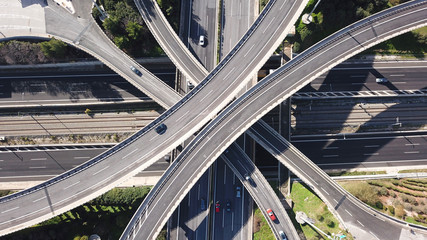 Aerial view of popular highway of Attiki Odos multilevel junction road, passing through National motorway, Attica, Greece