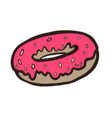 Cartoon doughnut with pink glazed, isolated on white.