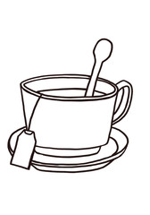 Taza de te con plato y cuchara, dibujo a mano aislado en fondo blanco.