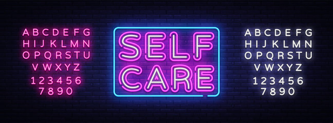 Self Care neon sign vector. Motivational Feel Good Design template neon sign, light banner, neon signboard, nightly bright advertising, light inscription. Vector. Editing text neon sign