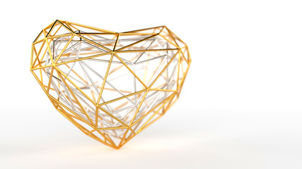 Golden polygonal heart of mesh on a white background