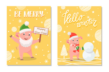 Be Merry happy New Year and hello winter. Pig in green mittens and red scarf making snowman near trees, smiling piggy in beard holding nameplate vector