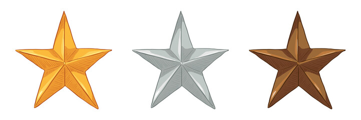 Vector Set of Cartoon Metal Stars - Gold, Silver and Bronze.
