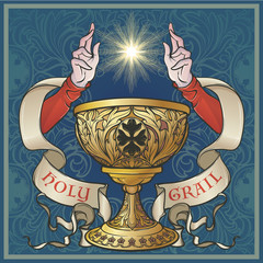 Holy Grail. Symbol of spiritual insight in the romantic literature. Medieval gothic style concept art . Vintage color palette. Isolated on a Decorative floral background. EPS10 vector illustration