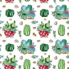 Watercolor handpainted seamless pattern of cactus plant