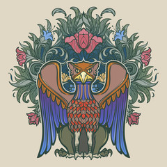 Decorative griffin. Medieval gothic style concept art. Design element. Hand drawn image isolated on decorative floral background. EPS10 vector illustration