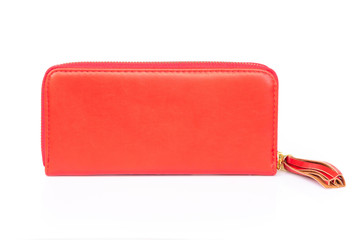 Closeup modern red woman wallet fashion on white background