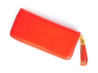 Closeup modern red woman wallet fashion on white background