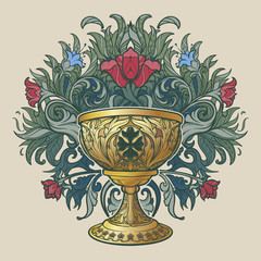 Decorative Goblet. Medieval gothic style concept art. Design element. Hand drawn image isolated on decorative floral background. EPS10 vector illustration