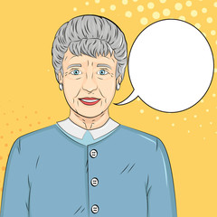 Pop art background. Old man, grandmother. Vector text bubble