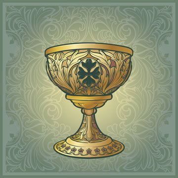 Holy Grail. Symbol of spiritual insight in the romantic literature. Medieval gothic style concept art . Vintage color palette. Isolated on a Decorative floral background. EPS10 vector illustration