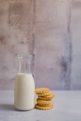 A bottle of milk and a stack of cookies on a neutral background - in bottom left of frame with space for text.