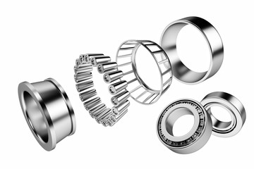 3D rendering. Automotive bearings auto spare parts. Tapered roller bearing isolated on a white background. Wheel bearing for truck, heavy duty and car.