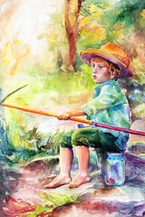 the boy is fishing on the beach. fisherman in a hat. watercolor illustration. background