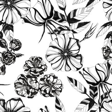 wild roses seamless pattern. Hand drawn ink illustration. Wallpaper or fabric design.