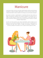 Manicure and hand treatment, nails polishing vector poster. Manicurist and client sitting at table with bottles. Body care procedure on fingers in spa salon