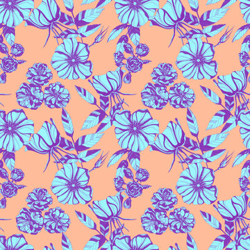 wild roses seamless pattern. Hand drawn ink illustration. Wallpaper or fabric design.