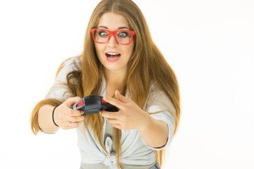 Gamer woman holding gaming pad