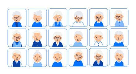 Avatars elderly women. Illustrations of heads of pensioner in rounded squares. Female faces. Illustration of women characters isolated on white background in flat style