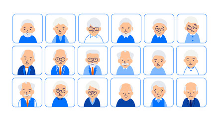 Avatars elderly people. Illustrations of heads of pensioner in rounded squares. Male and female faces. Illustration of people characters isolated on white background in flat style