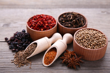 Spices mix on a grey wooden background. Top view