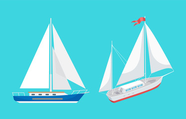 Water transport sailing boat with ribbon on top set vector. Ships for transportations and rides for pleasure. Floating vessels for people to travel
