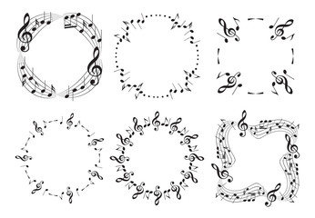 Naklejka premium round and wavy music frames with notes - beautiful vector set