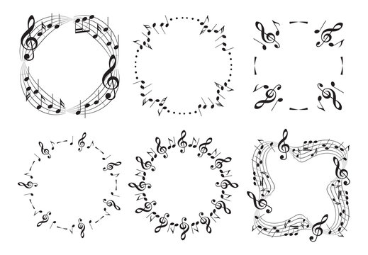 round and wavy music frames with notes - beautiful vector set