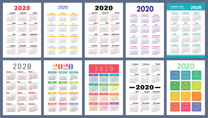 Calendar 2020. Colorful set. Week starts on Sunday. Basic grid. English vector calender collection for print. New year. Color simple design
