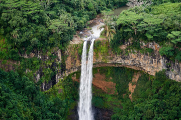 Chamarel Waterfall on the south of the island of Mauritius as seen from a helicopter.