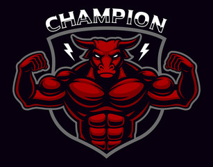 Coloured badge of a bull bodybuilder on the dark background.