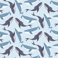 Tender marine blue seamless pattern with light and dark hand drawn whales on sea background. Cute hand drawn texture with cetacean for kids design, wallpaper, textile, wrapping paper