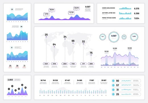 Infographic dashboard. Ux ui interface, information panel with finance graphs, pie chart and column diagrams. Progress vector report graph and diagram, planning infochart illustration