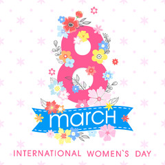 Women`s Day typography with different flowers and ribbon.Seasons greetings card perfect for prints,flyers,posters,holiday invitations and more.Vector 8 march card.