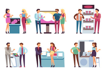 People and product stand. Promoters promote products sample to man and woman with promotion expo stands. Exhibition vector set. People on exhibition look at stand with product illustration