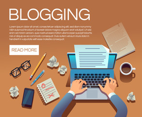 Blogging concept. Writing story book and blog articles. Writer journalist copywriter type on laptop vector illustration. Blogging laptop, journalist blog on workplace