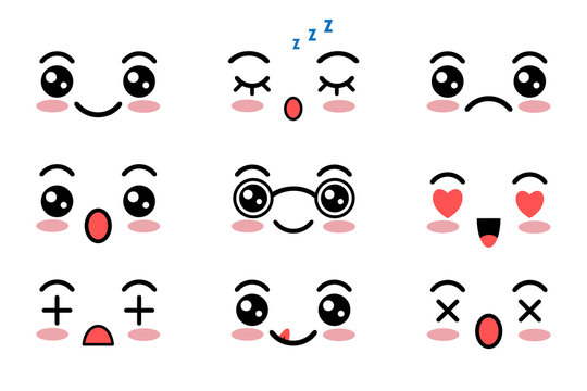 Kawaii cute faces. Japanese anime emoji. Expression anime character in  kawaii style Stock Vector | Adobe Stock