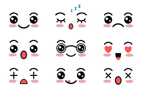 Kawaii cute faces. Japanese anime emoji. Expression anime character in  kawaii style vector de Stock | Adobe Stock